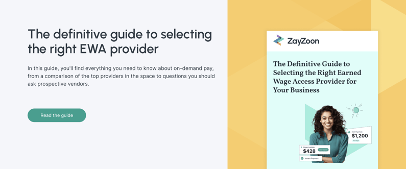 a grey background with the title: "The definitive guide to selecting the right EWA provider". On the right, a yellow background shows the cover page of the guide.