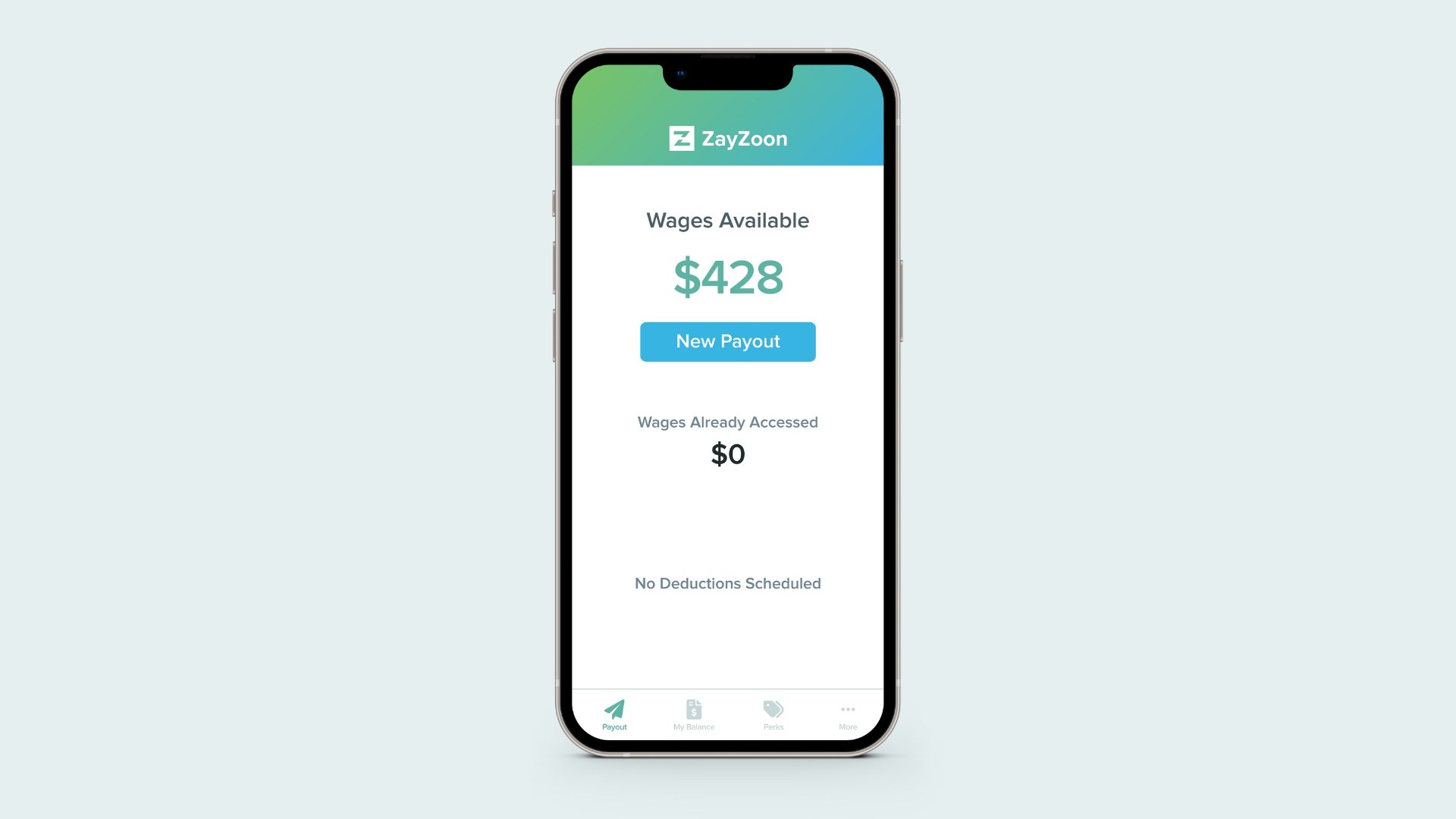 An image of the payout screen in the ZayZoon app for mobile.